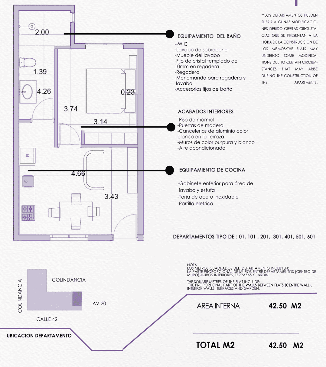 Plano arquitectónico del departamento tipo en Purple Savage Playa del Carmen con distribución de 42.5 m², cocina, baño y área social.